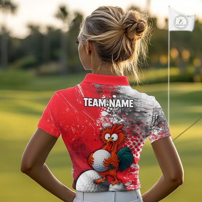 Personalized Funny Chicken Golf Polo Shirt Custom Team Name Golf Gift For Women Red NHT1255