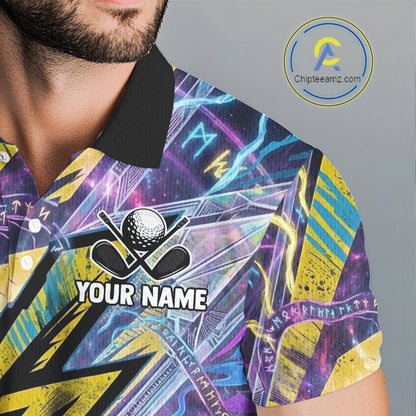 Funny Rooster Men Golf Polo Shirt Custom Name Purple Yellow Golf Team Shirt NHT1256