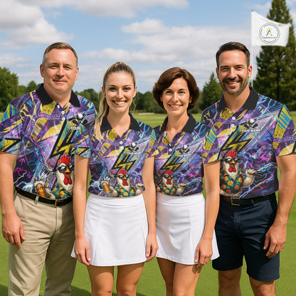 Funny Rooster Men Golf Polo Shirt Custom Name Purple Yellow Golf Team Shirt NHT1256