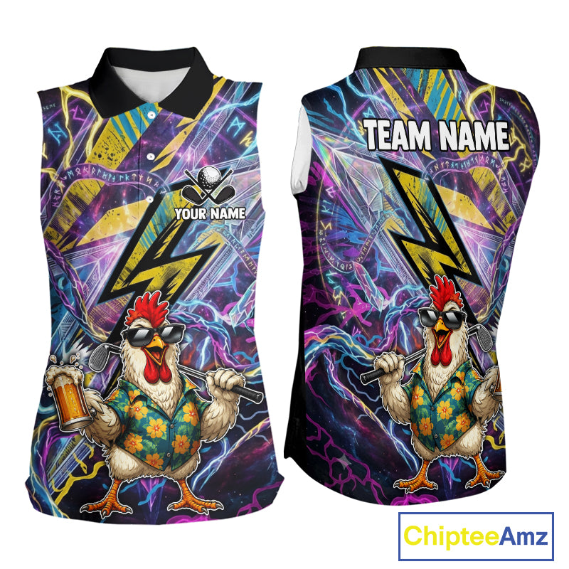 Front and back views of a sleeveless polo shirt with a vibrant, all-over graphic print featuring a cartoon chicken, lightning bolts, and abstract neon patterns. The shirt has a black collar and the back displays 'TEAM NAME' text with a placeholder chicken graphic.