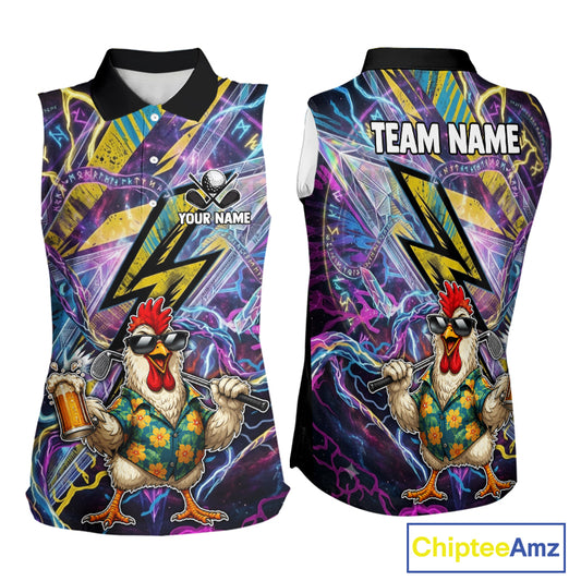Front and back views of a sleeveless polo shirt with a vibrant, all-over graphic print featuring a cartoon chicken, lightning bolts, and abstract neon patterns. The shirt has a black collar and the back displays 'TEAM NAME' text with a placeholder chicken graphic.