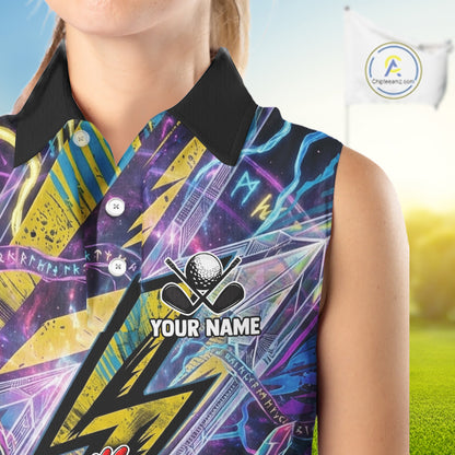 A sleeveless collared golf shirt with a vibrant cosmic lightning bolt print in purple, blue, yellow, and black, featuring a customizable name graphic and a black collar, shown on a model against a golf course background.