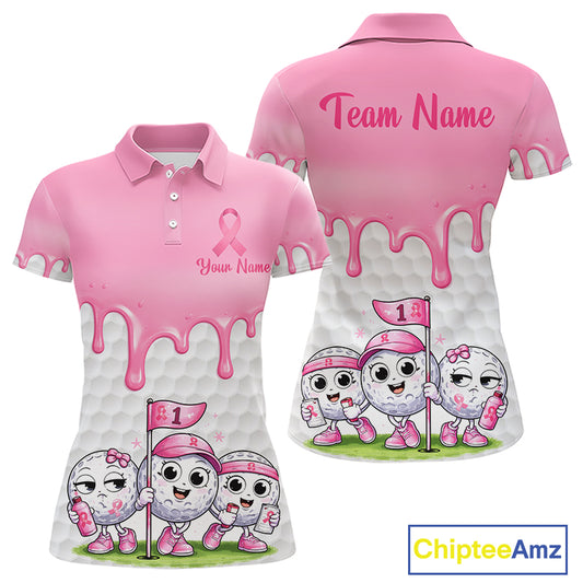 Funny Pink Ribbons Breast Cancer Awareness Womens Golf Ball Polo Shirts Custom Golf Apparel For Womens NHT795