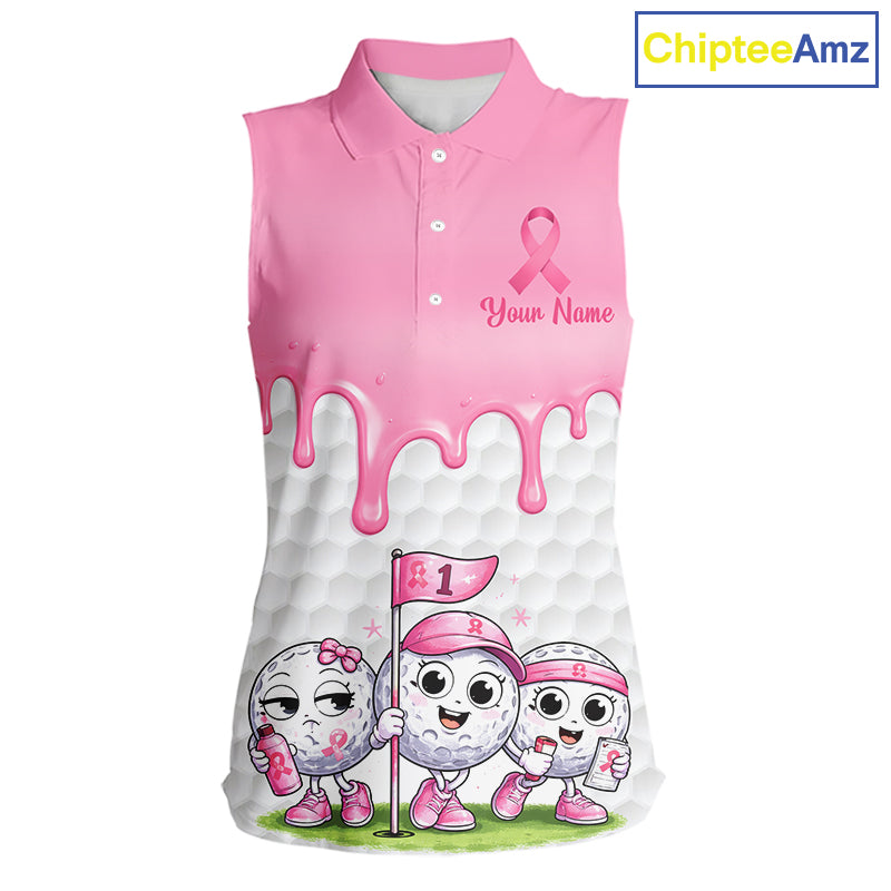 Funny Pink Ribbons Breast Cancer Awareness Sleeveless Women Golf Ball Polo Shirts Custom Golf Apparel For Women NHT795