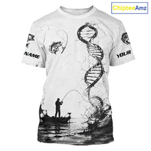 Load image into Gallery viewer, White t-shirt with black and white graphic design featuring a fisherman and DNA