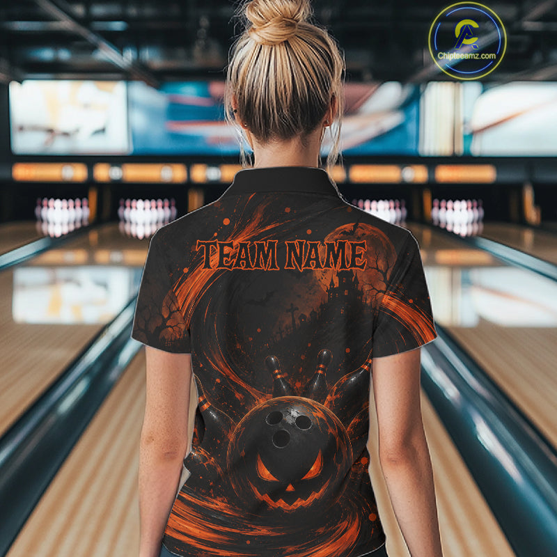 Personalized Halloween Bowling 1/4 Zip Polo Shirt For Women - Scary Pumpkin Team Name Jersey NHT1274