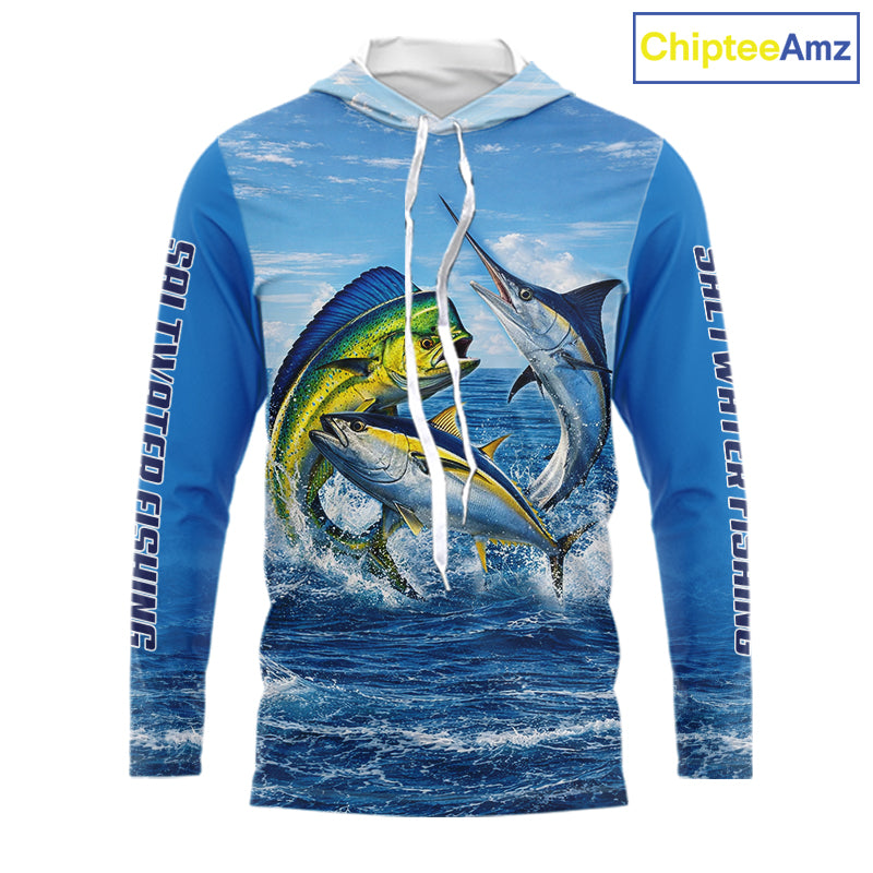 Personalized Mahi Mahi, Marlin, Tuna Blue Performance Fishing Shirt, Hooded Saltwater Tournament Shirts NHT600