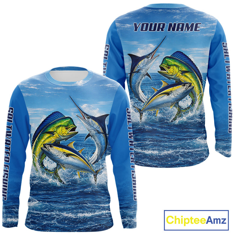 Personalized Mahi Mahi, Marlin, Tuna Blue Performance Fishing Shirt, Saltwater Tournament Shirts NHT600