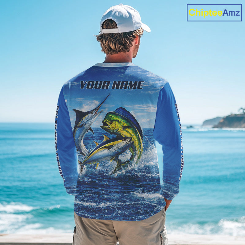 Personalized Mahi Mahi, Marlin, Tuna Blue Performance Fishing Shirt, Saltwater Tournament Shirts NHT600