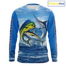 Load image into Gallery viewer, Personalized Mahi Mahi, Marlin, Tuna Blue Performance Fishing Shirt, Saltwater Tournament Shirts NHT600