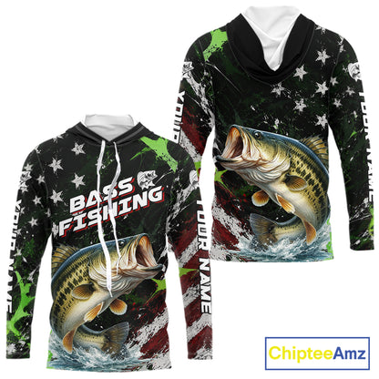 Best Bass Fishing Shirt Long Sleeve Hooded American Flag Patriotic Custom Name