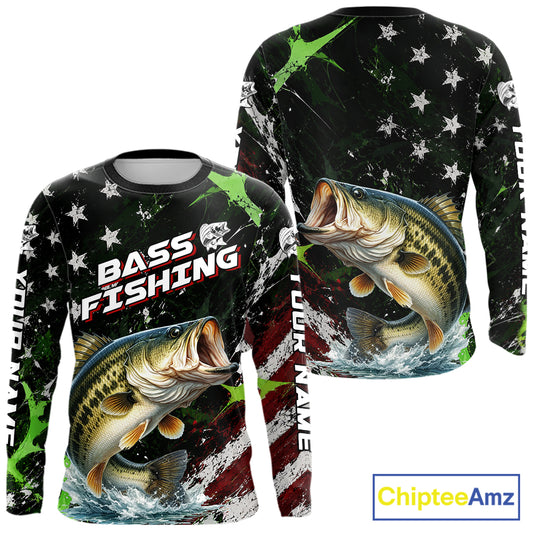 Best Bass Fishing Shirt Long Sleeve American Flag Patriotic Custom Name