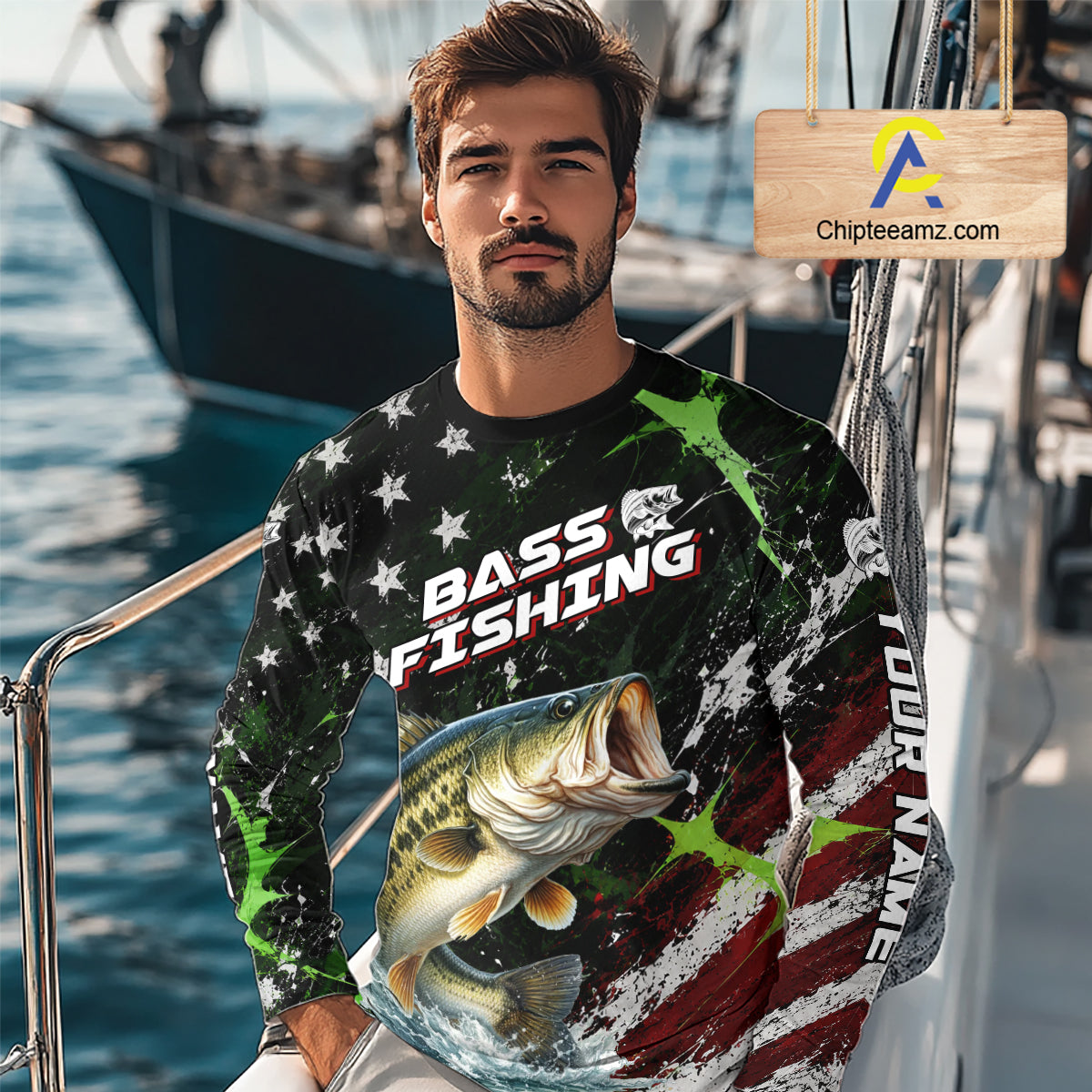 Best Bass Fishing Shirts Long Sleeve American Flag Patriotic Custom Name Fishing Tournament NHT964