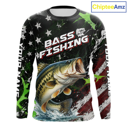 Best Bass Fishing Shirt Long Sleeve American Flag Patriotic Custom Name