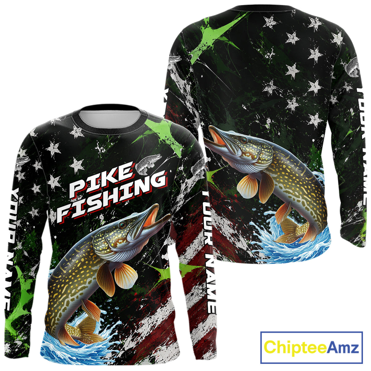Best Pike Fishing Shirt Long Sleeve American Flag Patriotic Custom Name
