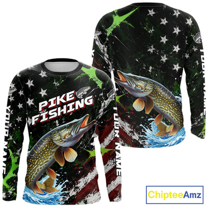 Best Pike Fishing Shirt Long Sleeve American Flag Patriotic Custom Name