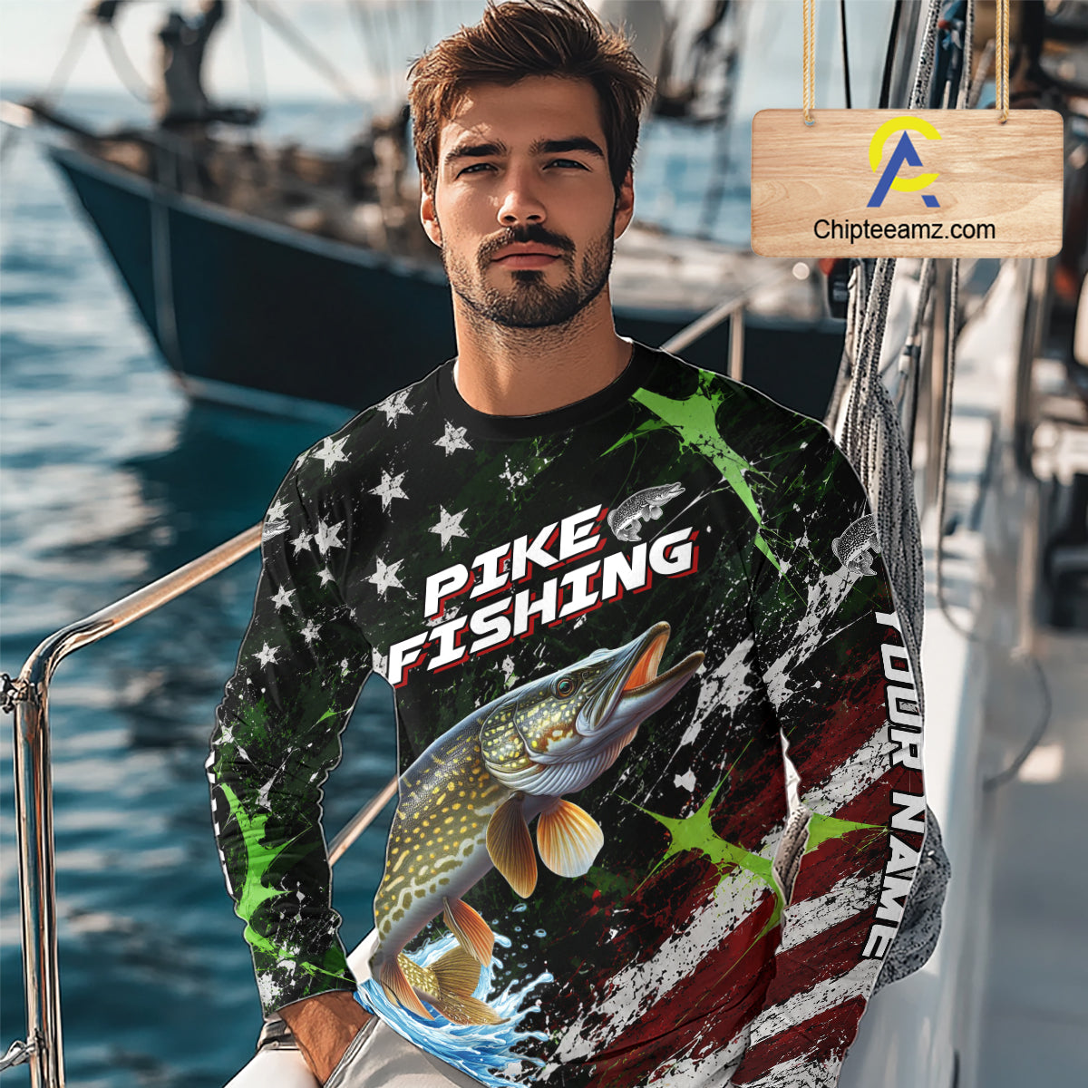 Best Pike Fishing Shirts Long Sleeve American Flag Patriotic Custom Name Fishing Tournament NHT965