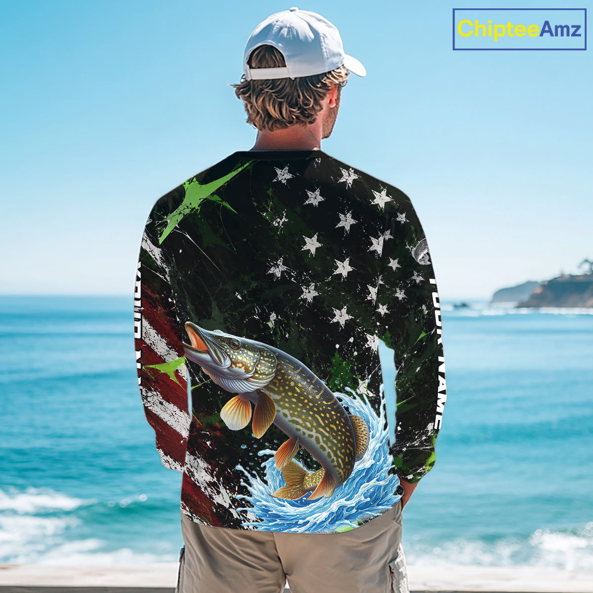 Best Pike Fishing Shirts Long Sleeve American Flag Patriotic Custom Name Fishing Tournament NHT965