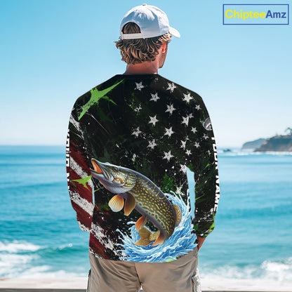 Best Pike Fishing Shirts Long Sleeve American Flag Patriotic Custom Name Fishing Tournament NHT965