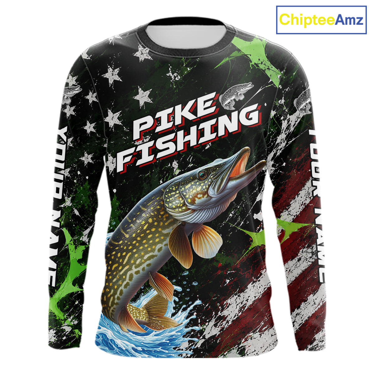 Best Pike Fishing Shirt Long Sleeve American Flag Patriotic Custom Name
