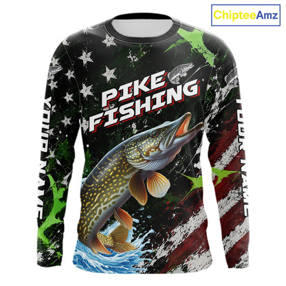 Best Pike Fishing Shirt Long Sleeve American Flag Patriotic Custom Name