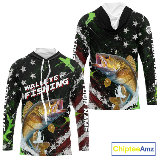 Best Walleye Fishing Shirt Long Sleeve Hooded American Flag Patriotic Custom Name