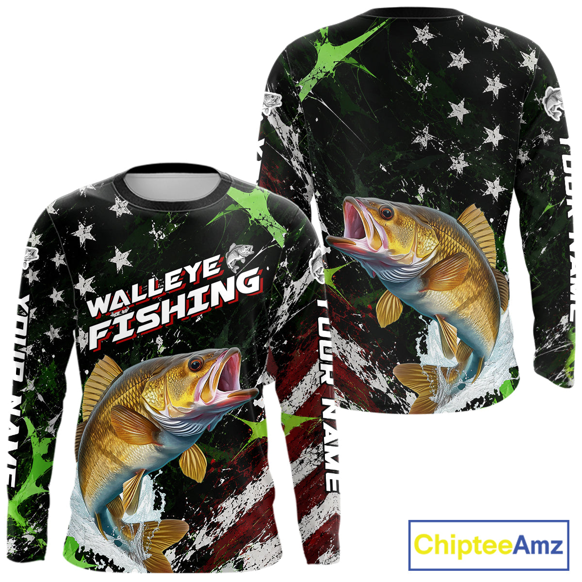 Best Walleye Fishing Shirt Long Sleeve American Flag Patriotic Custom Name
