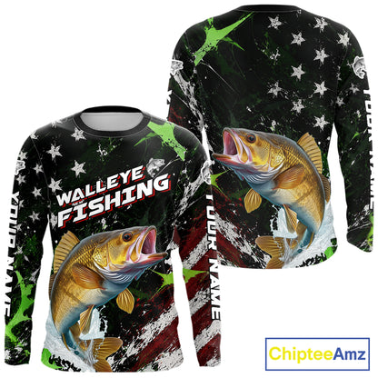 Best Walleye Fishing Shirt Long Sleeve American Flag Patriotic Custom Name