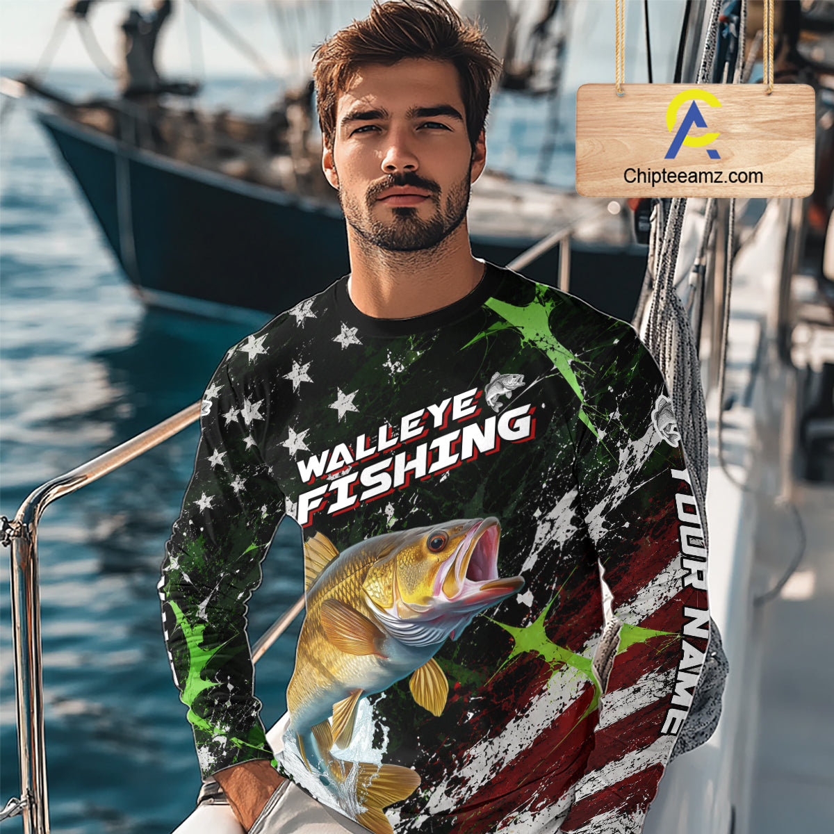 Best Walleye Fishing Shirts Long Sleeve American Flag Patriotic Custom Name Fishing Jersey NHT967
