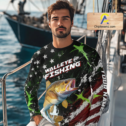 Best Walleye Fishing Shirts Long Sleeve American Flag Patriotic Custom Name Fishing Jersey NHT967