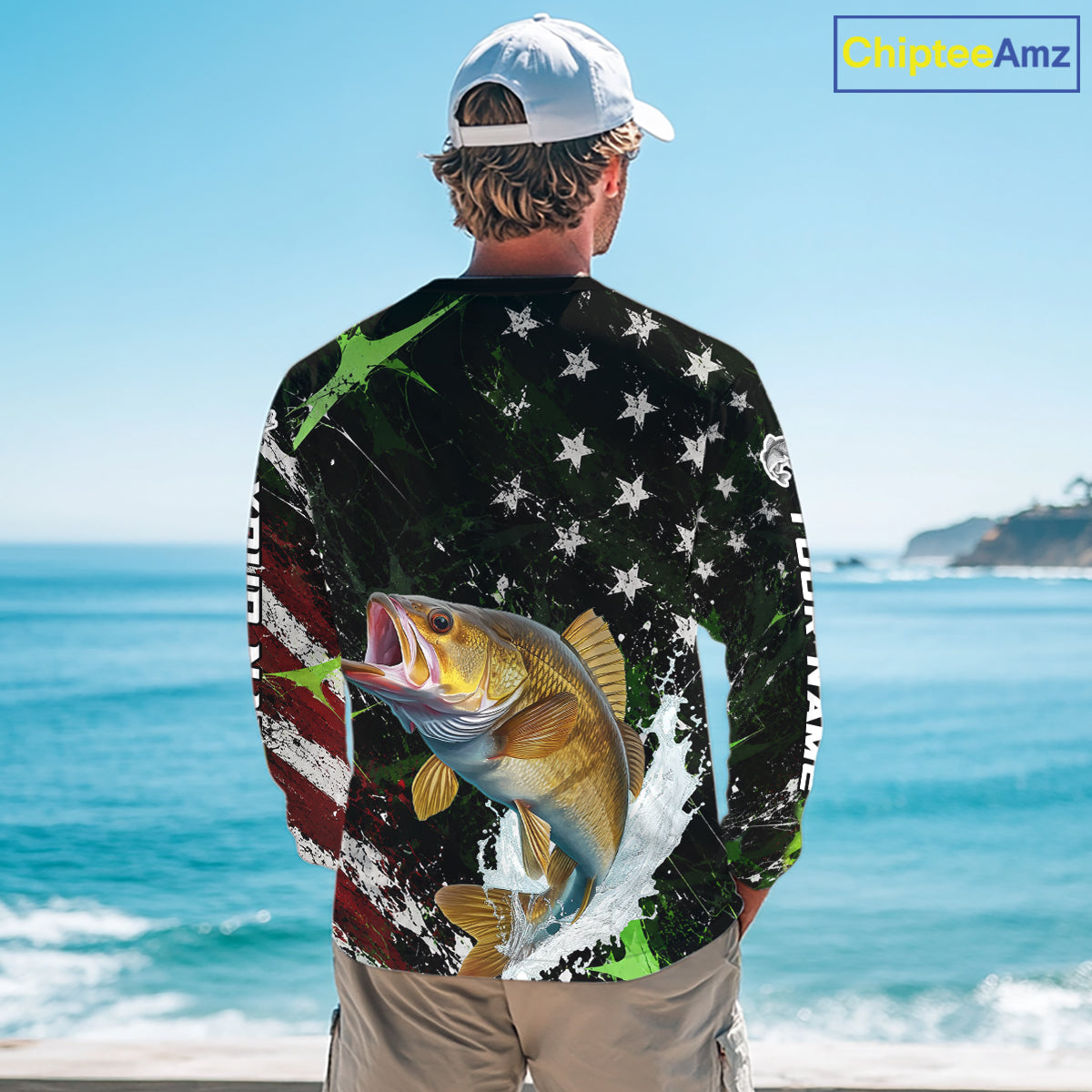Best Walleye Fishing Shirts Long Sleeve American Flag Patriotic Custom Name Fishing Jersey NHT967