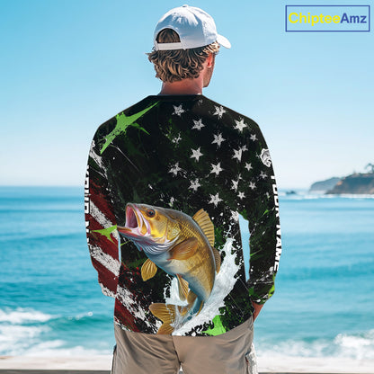 Best Walleye Fishing Shirts Long Sleeve American Flag Patriotic Custom Name Fishing Jersey NHT967