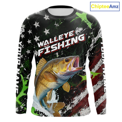 Best Walleye Fishing Shirt Long Sleeve American Flag Patriotic Custom Name