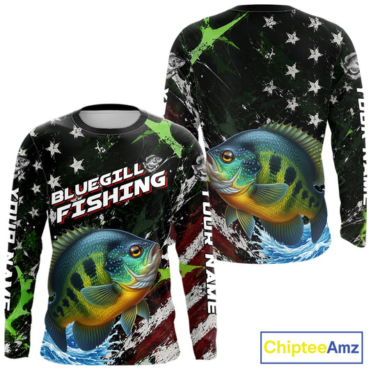 Best Bluegill Fishing Shirt Long Sleeve American Flag Patriotic Custom Name