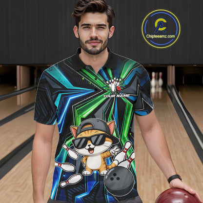Custom Men Bowling Shirt With Funny Cat – Personalized Team Bowling Jersey, 3D Bowling Shirt NHT1412