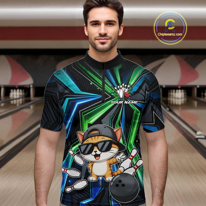 Custom Men Bowling Shirt With Funny Cat – Personalized Team Bowling Jersey, 3D Bowling Shirt NHT1412