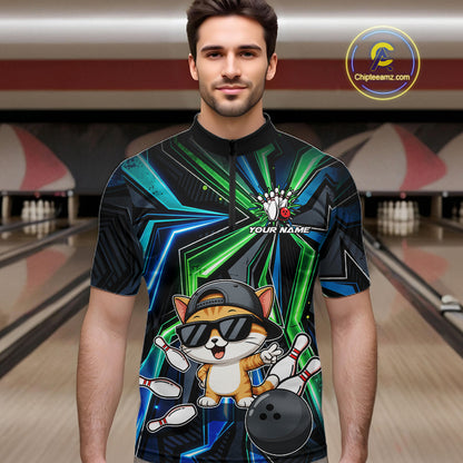 Custom Men Bowling Shirt With Funny Cat – Personalized Team Bowling Jersey, 3D Bowling Shirt NHT1412