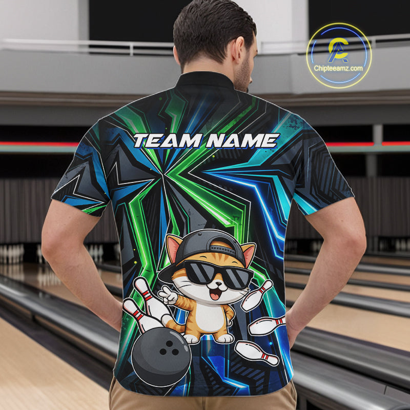 Custom Men Bowling Shirt With Funny Cat – Personalized Team Bowling Jersey, 3D Bowling Shirt NHT1412