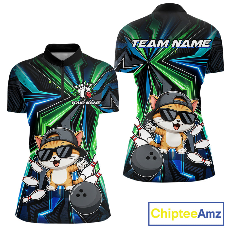 Custom Women Bowling Shirt With Funny Cat – Personalized Team Bowling Jersey, 3D Bowling Shirt NHT1412