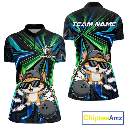 Custom Women Bowling Shirt With Funny Cat – Personalized Team Bowling Jersey, 3D Bowling Shirt NHT1412