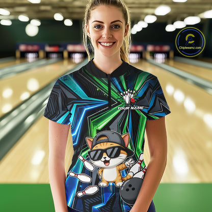 Custom Women Bowling Shirt With Funny Cat – Personalized Team Bowling Jersey, 3D Bowling Shirt NHT1412
