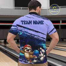 Load image into Gallery viewer, Man wearing a custom bowling shirt with a sloth holding a bowling ball design in a bowling alley.