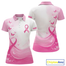 Load image into Gallery viewer, Personalized Breast Cancer Awareness Women’s Golf Polo Pink Ribbon &amp; Butterflies Custom Name