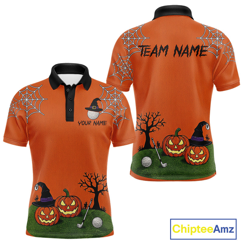 An orange short-sleeve polo shirt shown from both front and back, featuring a Halloween golf theme with jack-o'-lanterns, witch hats, spiderwebs, a bare tree, and customizable text areas on the chest and back. A 'ChipteeAmz' logo is visible in the bottom right corner.