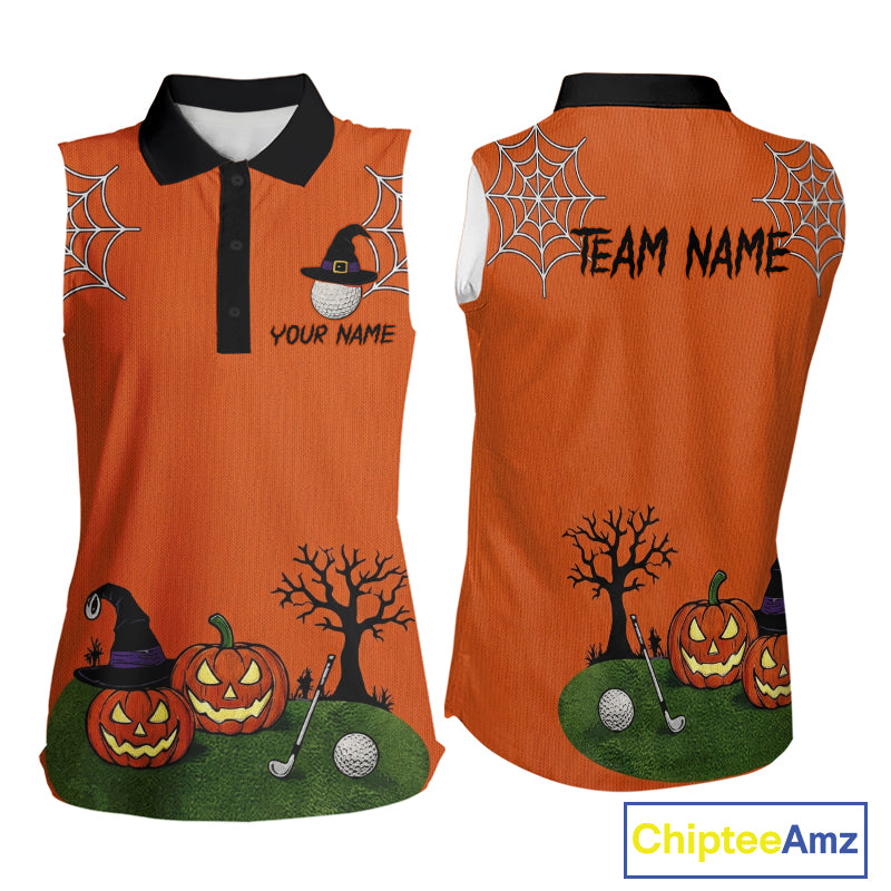 Front and back views of an orange sleeveless golf shirt with a black collar, featuring a Halloween theme with spiderwebs, pumpkins, a bare tree, golf balls, and customizable text.