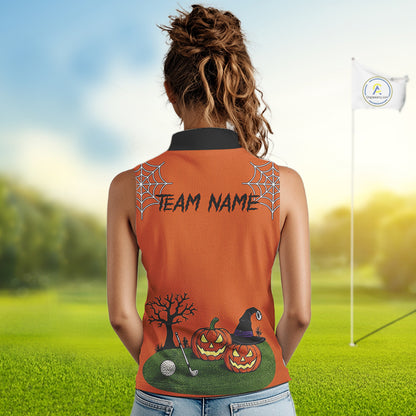 A woman viewed from behind wearing a sleeveless orange golf polo shirt with a black collar. The back of the shirt features a Halloween-themed graphic with jack-o'-lanterns, a witch hat, a spiderweb design, and the customizable text 'TEAM NAME'.