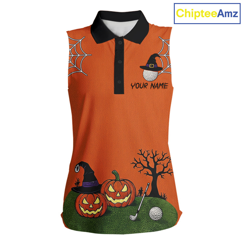 An orange sleeveless polo shirt with a black collar, featuring a Halloween-themed print with jack-o'-lanterns, a bare tree, spiderwebs, and a golf ball with a golf club. The shirt includes a customizable text placeholder 'YOUR NAME' and is shown on a white background with a 'ChipteeAmz' logo in the top right corner.
