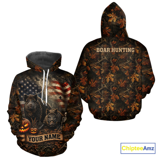 Boar Hunting Shirt With American Flag Hog Hunter Camo Apparel, Personalized Halloween For Men NHT1428