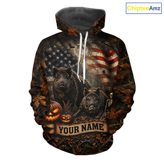 Boar Hunting Shirt With American Flag Hog Hunter Camo Apparel, Personalized Halloween For Men NHT1428