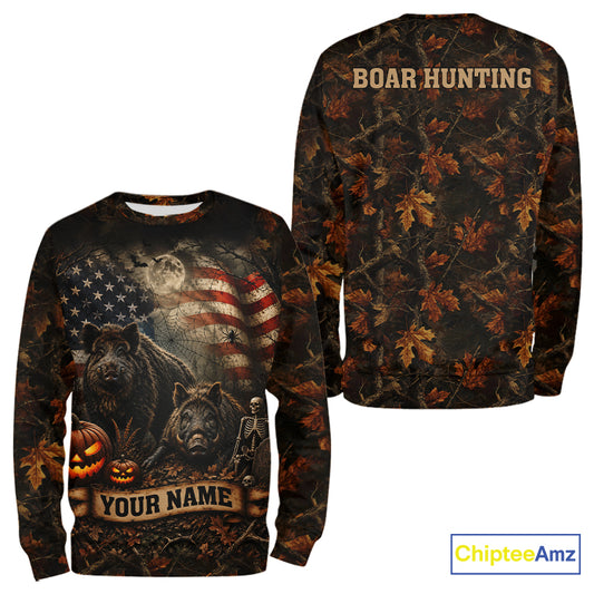 Boar Hunting Shirt With American Flag Hog Hunter Camo Apparel, Personalized Halloween For Men NHT1428